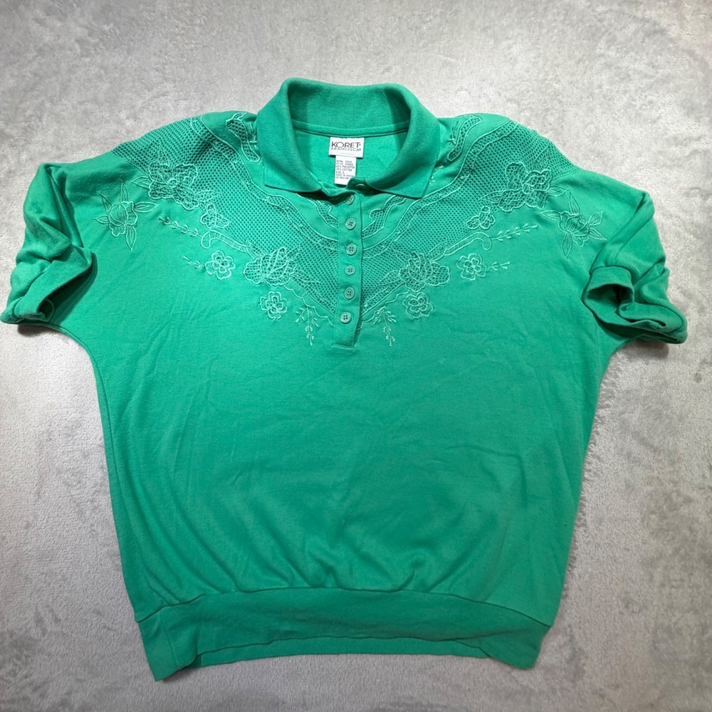 Vintage 80s Koret Francisca Green Embroidered Polo Top Size L Cotton Blend Comfy